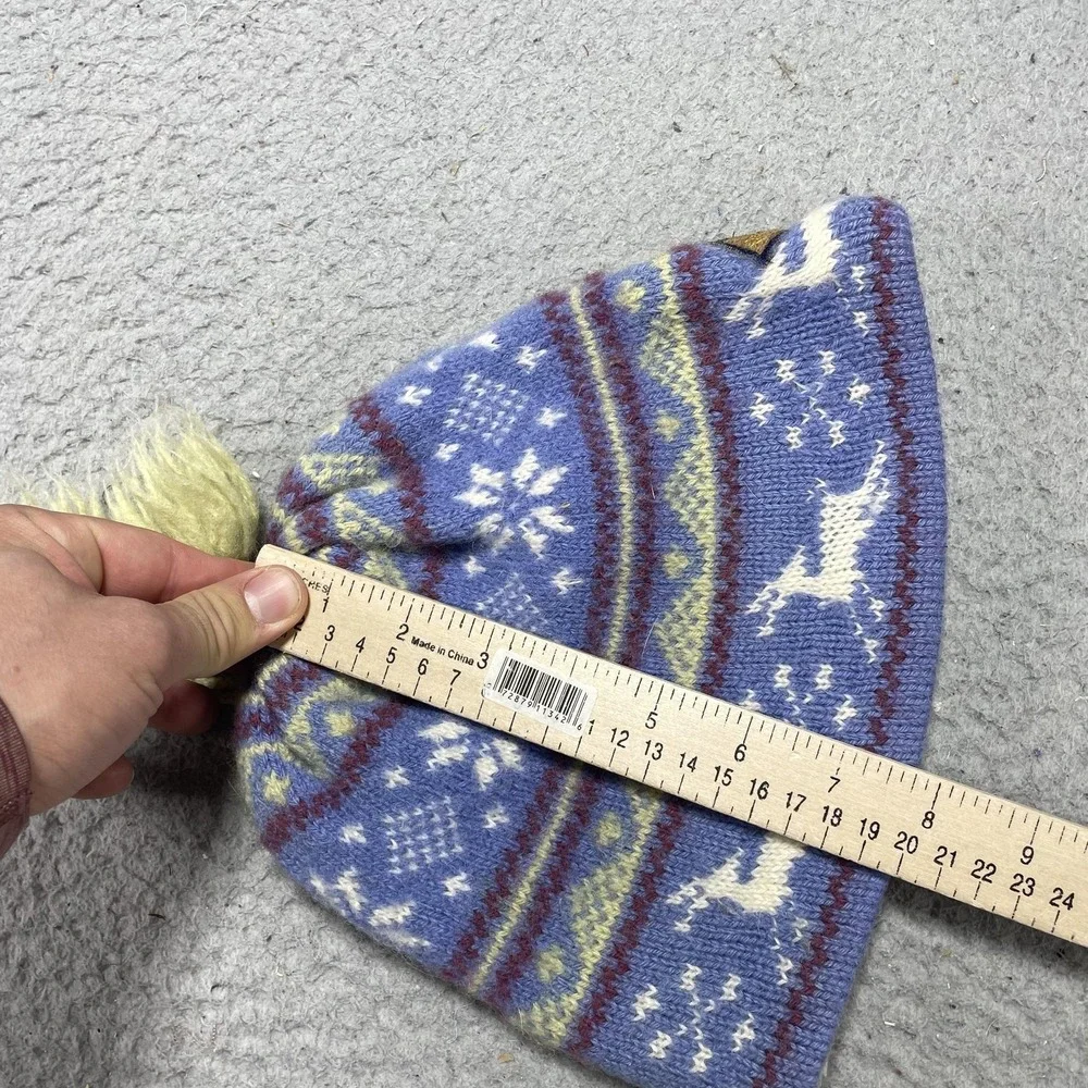 Merkley‎ Headgear Hat Beanie Womens One Size Blue Wool Deer Fair Isle Tassel